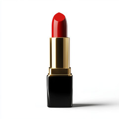 sleek red lipstick standing upright with gold and black casing, showcasing its vibrant color and elegant design, perfect for beauty and cosmetic themes