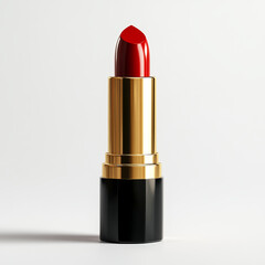 Fototapeta premium hyper detailed premium red lipstick with sleek black and gold casing, standing upright on clean white background, exuding elegance and sophistication