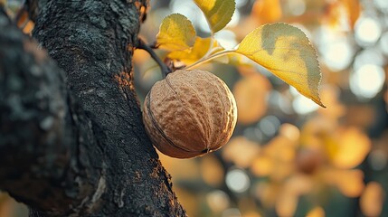 Walnut tree with walnut fruit in pericarp on the limb.