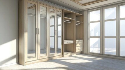 Modern walk-in closet with mirrored doors and ample storage.