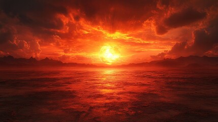 Infernal sunset, fiery landscape, alien world.