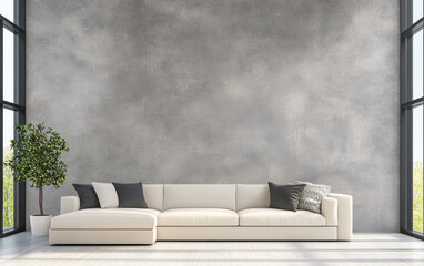 Modern interior design featuring a sleek sofa against a textured wall and large windows