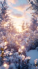 A serene winter landscape featuring snow-covered shrubs glistening in the golden light of sunrise, creating a magical and tranquil atmosphere.