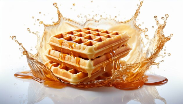 Waffles With Syrup - Delicious Waffles In Syrup Splashes, Isolated On White Background