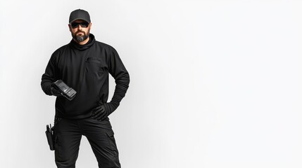 Naklejka premium Confident Security Guard in Tactical Gear Holding a Portable Radio, Isolated on a Clean White Background, Ready for Action in a Professional Setting
