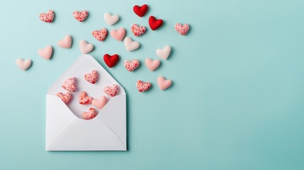 Fototapeta na wymiar A white envelope is surrounded by colorful heart-shaped candies, creating a sweet and romantic atmosphere on a soft blue background.
