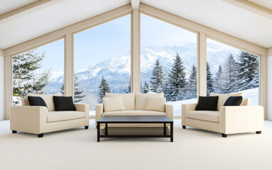 Stylish living room with mountain view and winter landscape ambiance