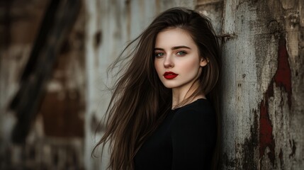 Naklejka premium Brunette woman in black top posing near blurred wall at home 