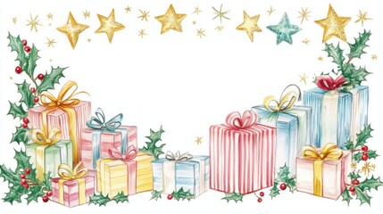 A charming holiday frame of pastel-wrapped gifts with striped ribbons, nestled among sparkling stars and holly berries, on white