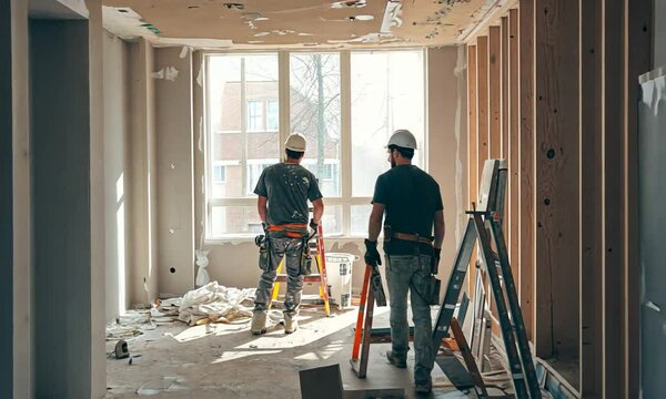 Construction workers in a partially finished room with tools and materials scattered around.