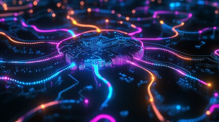 Abstract digital network with vibrant neon pathways and a central node.