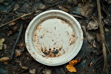 Dirty disposable plate lies on ground amidst leaves and twigs. Illustrates environmental pollution and littering issues.