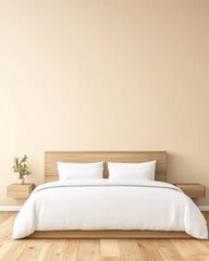 Fototapeta premium Soft linens on a wooden bed frame in a minimalist bedroom with natural light