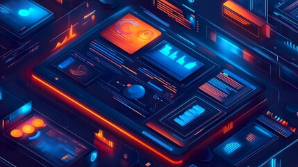 Futuristic digital interface with glowing panels displaying data charts, graphs, and icons.