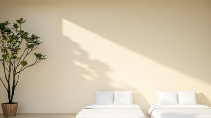 Minimalist bedroom design featuring natural elements and soft lighting in a serene atmosphere