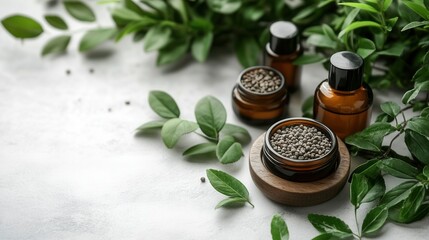 A serene arrangement of essential oils and seeds surrounded by green leaves.