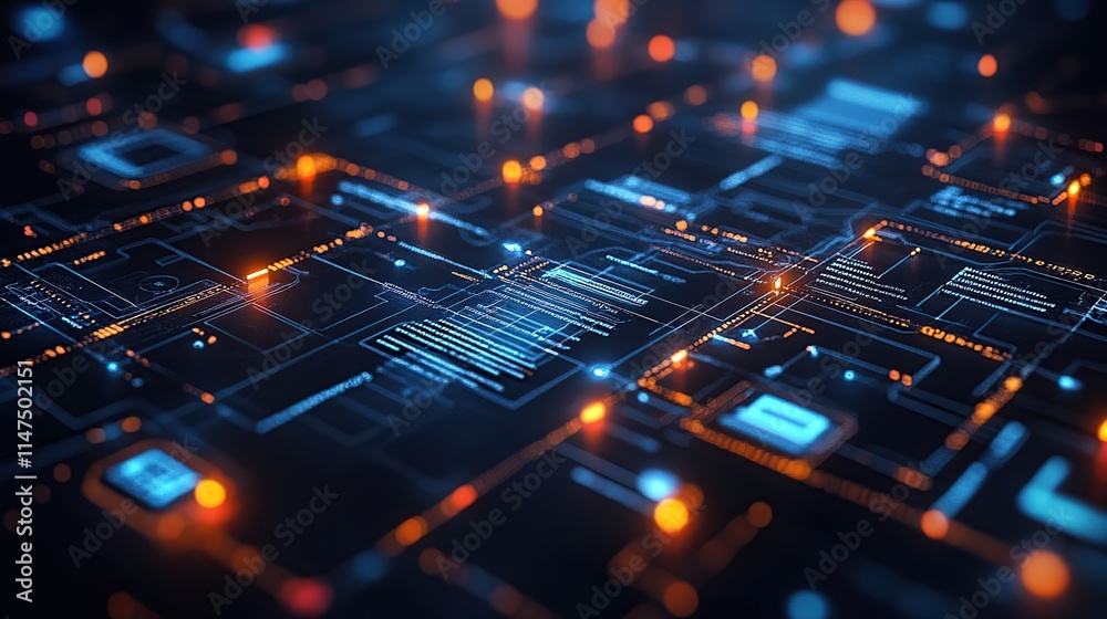Poster abstract digital circuitry with glowing nodes and lines, representing data flow and network connecti