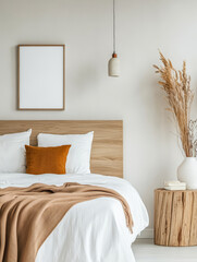 Cozy bedroom with neutral tones and natural decor featuring a minimalistic design