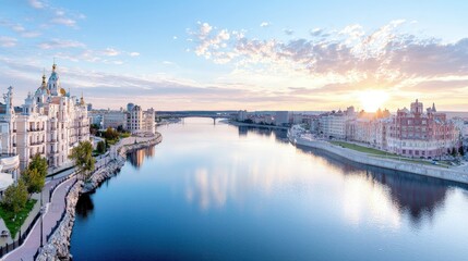 Obraz premium Sunrise over calm river, city skyline with buildings and bridge reflections.