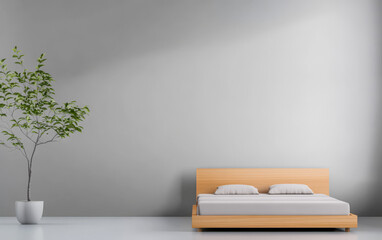 Modern bedroom design featuring a minimalist bed and a potted tree in a serene environment