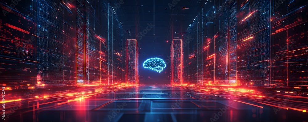 Aufkleber a futuristic ai brain seamlessly connected to a towering data center, pulsating with energy and surr