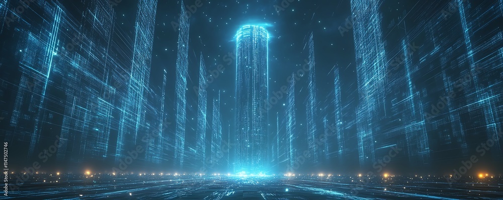 Aufkleber a futuristic ai brain seamlessly connected to a towering data center, pulsating with energy and surr