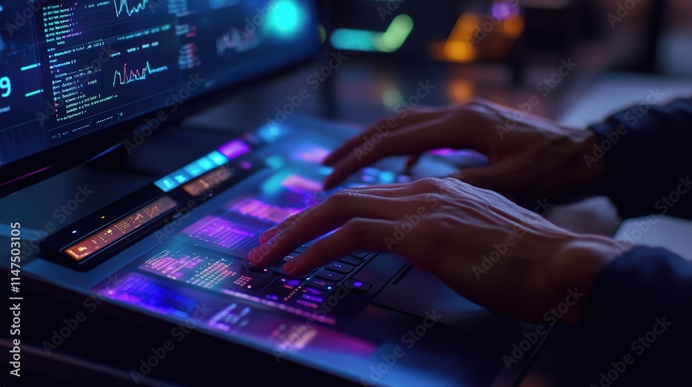 Poster hands typing on advanced computer with digital display and colorful lights