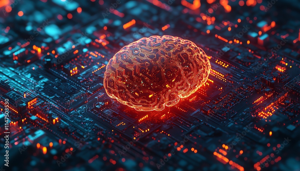 Poster a glowing neural brain connected to a vast data hub, featuring dynamic generative ai visuals, hologr