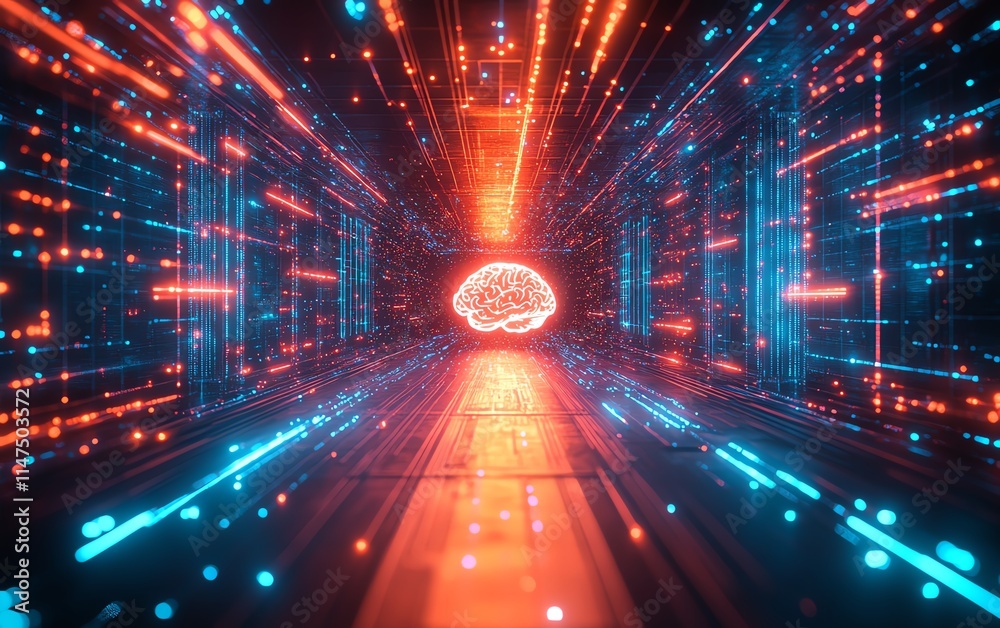 Poster a glowing neural brain merging with a hightech data center, surrounded by dynamic aigenerated light 