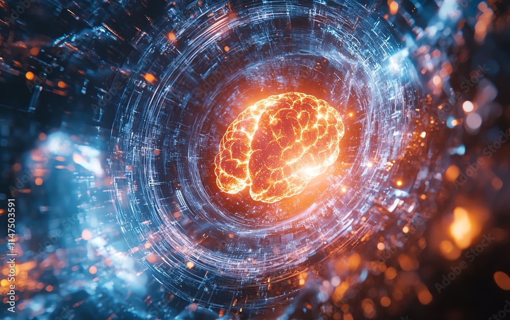 Poster a glowing neural brain merging with a hightech data center, surrounded by dynamic aigenerated light 