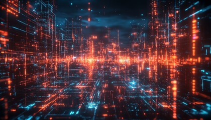 Fototapeta premium A glowing neural brain connected to a vast data hub, featuring dynamic generative AI visuals, holographic textures, and sleek hightech aesthetics