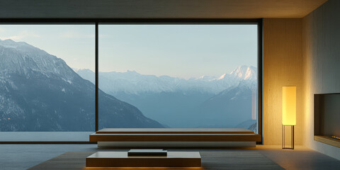 Fototapeta premium Modern living room offers breathtaking mountain view at dawn