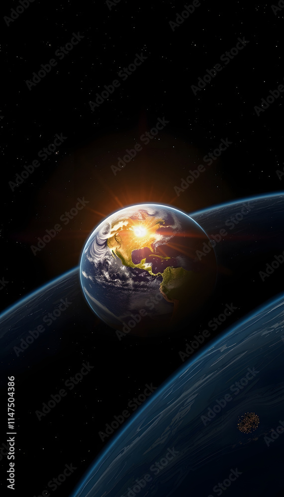 Wall mural Sunrise view from space on Planet Earth. World rotating on its axis in black Universe in stars. Cities Lights at Night. Created with  technology, with white tones