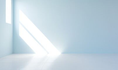 Obraz premium Bright sunlight streams through a window into a minimalist, light blue room.