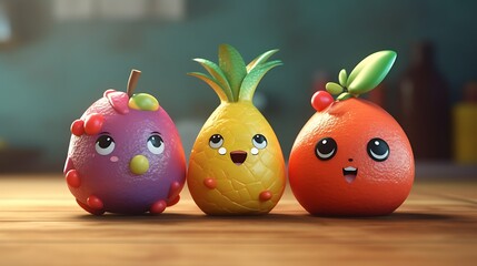 Three cute cartoon fruits; dragon fruit, pineapple, and orange, on a wooden table.