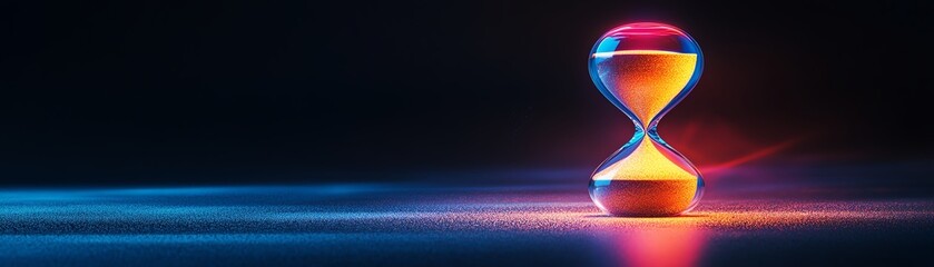A hyperdetailed hourglass with flowing liquid metal sand, illuminated by neon accents, on a minimalist dark backdrop with ample copy space