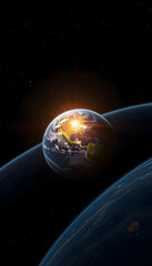 Obraz premium Sunrise view from space on Planet Earth. World rotating on its axis in black Universe in stars. Cities Lights at Night. Created with technology, with white tones