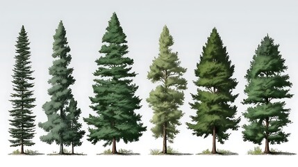 Seven diverse evergreen trees illustrated against a white background, showcasing variations in height, shape, and foliage density.