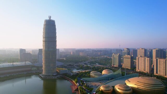 Aerial photography of CBD and Ruyi Lake in Zhengdong New District, Zhengzhou, Henan Province, China