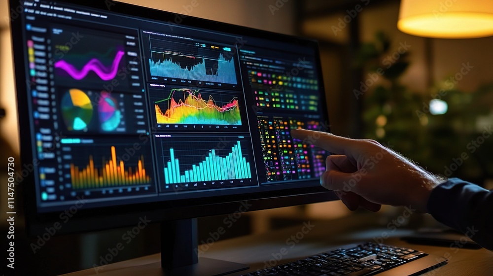 Poster data analysis interface with colorful graphs and insights
