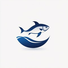 Stylish Blue Fish Swimming Above Abstract Wave Logo Design for Seafood Industry or Aquatic Concepts in Marketing and Branding