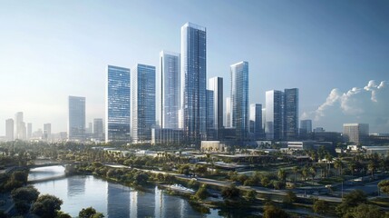 Fototapeta premium Modern skyscrapers and urban landscape with greenery and water features.