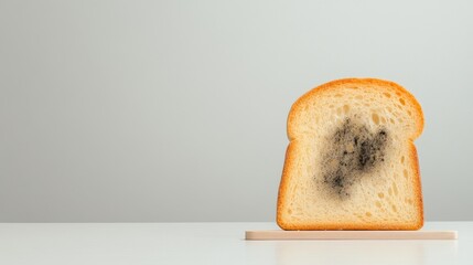 Moldy Slice of Bread on White Wooden Board, Capturing the Effects of Spoilage and Food Waste in a Minimalist Setting with Soft Lighting