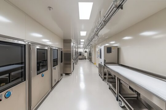 Cleanroom corridor with stainless steel equipment. Shows sterile production environment; ideal for pharmaceutical or biotech industry.
