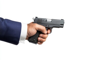 Professional Businessman Holding a Handgun in a Formal Suit, Symbolizing Tension, Power Dynamics, and Conflict in Workplace Situations in a Dramatic White Background