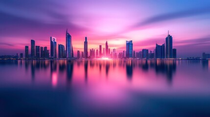 Obraz premium Vibrant city skyline reflected in calm water at sunset.