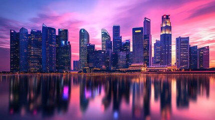 Fototapeta premium Vibrant city skyline at sunset, reflected in calm water.