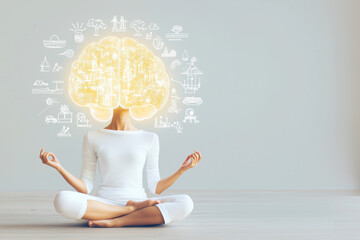 glowing brain surrounded by symbols of growth, with a meditating person at its center. Perfect for themes like personal development, mindset, mindfulness, self-improvement, and mental clarity.