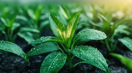 Fresh Green Plant Leaves with Water Droplets in Natural Environment