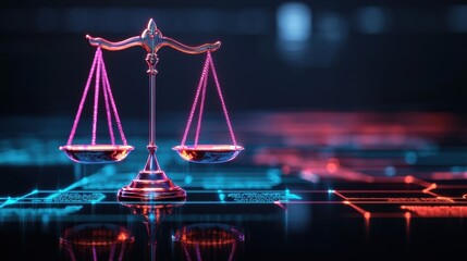 Digital Scales of Justice with Neon Glowing Background Effects